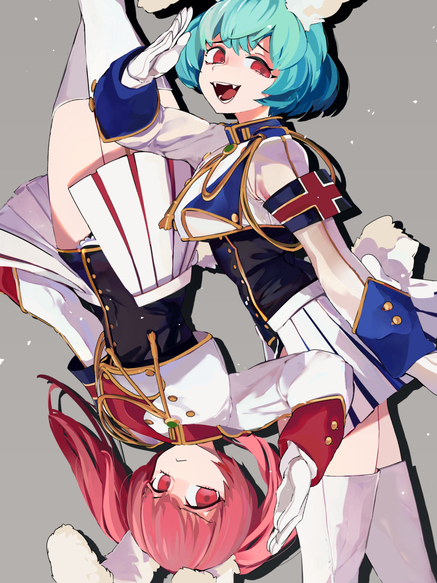 2girls :&lt; amulet animal_ears armband black_leotard blue_hair boots breasts chiester410 chiester45 chiester_sisters closed_mouth commentary_request evil_smile fangs gloves highres idkuroi leotard long_sleeves medium_breasts military_uniform multiple_girls open_clothes open_mouth open_skirt pink_eyes pink_hair rabbit_ears salute short_hair showgirl showgirl_skirt simple_background skirt smile thigh_boots thighhighs twintails umineko_no_naku_koro_ni upside-down white_footwear white_gloves