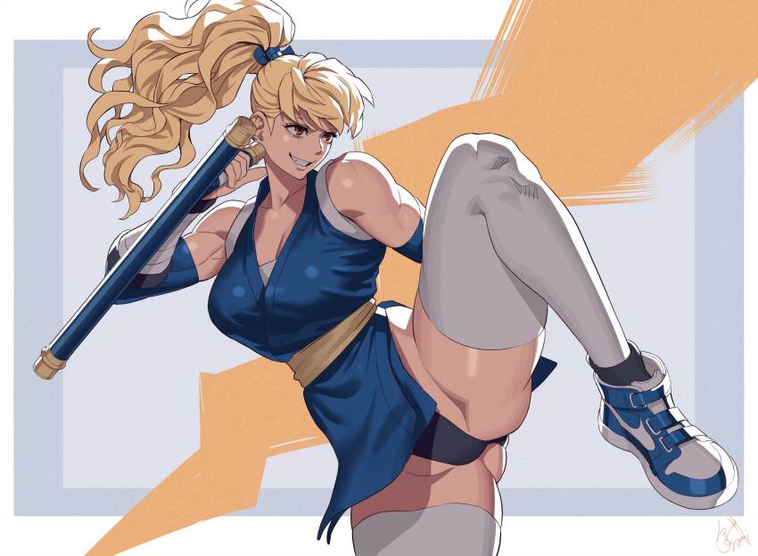 alternate_color black_panties blonde_hair blue_kimono breasts brown_eyes cleavage fighting_stance final_fight_2 genryuusai_maki grin highres japanese_clothes kimono large_breasts leg_up long_hair muscular muscular_female ogami panties pelvic_curtain ponytail shoes short_kimono smile sneakers thighhighs tonfa underwear weapon white_thighhighs
