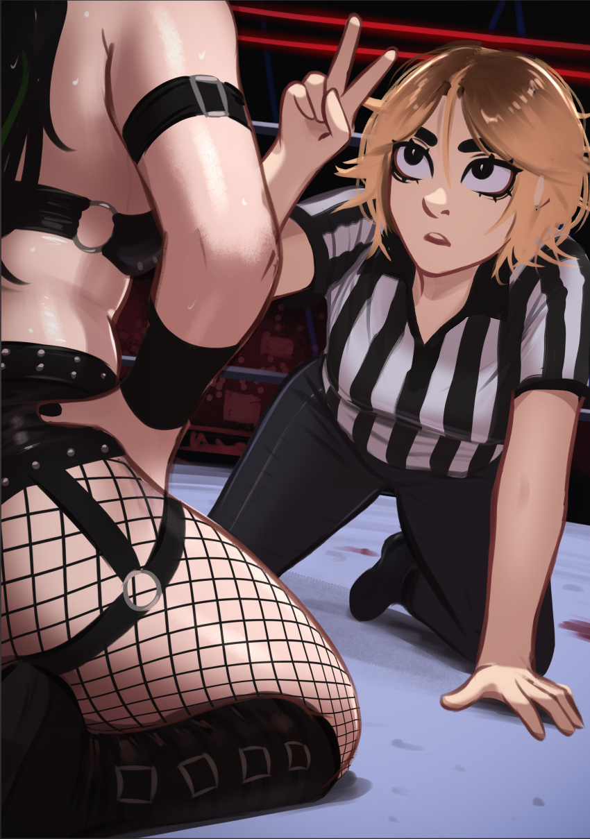 2girls absurdres black_boots black_bra black_hair black_nails black_pants blonde_hair boots bra collared_shirt fishnet_pantyhose fishnets green_streaks hair_between_eyes hands_on_own_hips highres jessie_(veyonis) kneeling mika_(veyonis) multicolored_shirt multiple_girls original pants pantyhose referee shirt short_sleeves sweat underwear v veyonis wrestling wrestling_ring