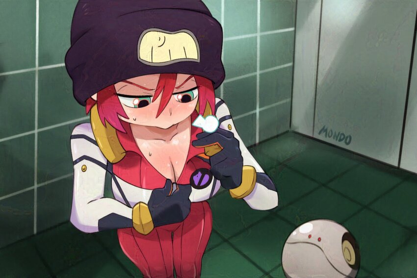 1girl adversarial_noise amate_yuzuriha beanie black_hat blush bodysuit breasts cleavage collarbone commentary cowboy_shot english_commentary green_eyes gundam gundam_gquuuuuux haro hat indoors large_breasts missing_commentary red_bodysuit red_hair short_hair supermondobeat white_bodysuit