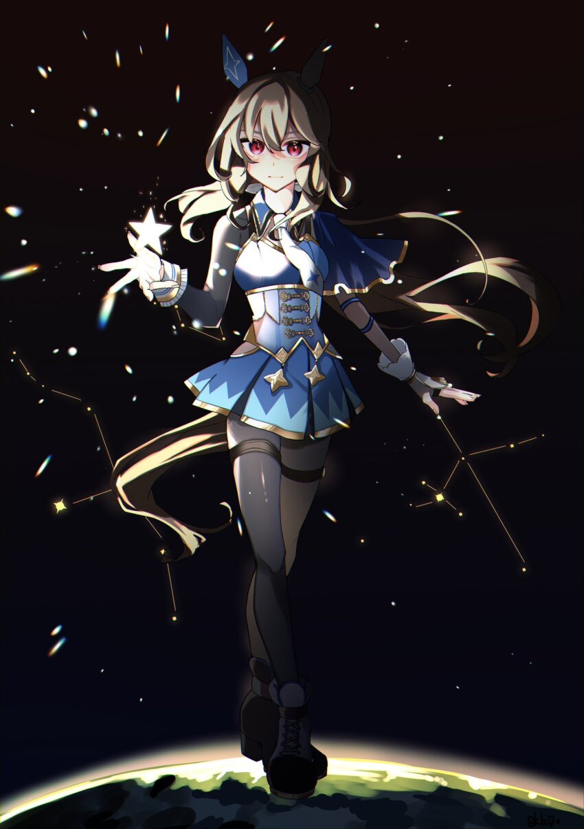 1girl admire_vega_(umamusume) animal_ears black_gloves black_pantyhose black_shirt blue_skirt boots breasts brown_hair closed_mouth constellation corset earth_(planet) fingerless_gloves full_body gloves highres horse_ears horse_girl horse_tail long_hair long_sleeves low_ponytail necktie pantyhose planet ponytail red_eyes shirt single_glove skirt small_breasts smile solo space standing star_(sky) star_(symbol) tail thigh_strap tsukasa_(avdx5538) umamusume umbrella