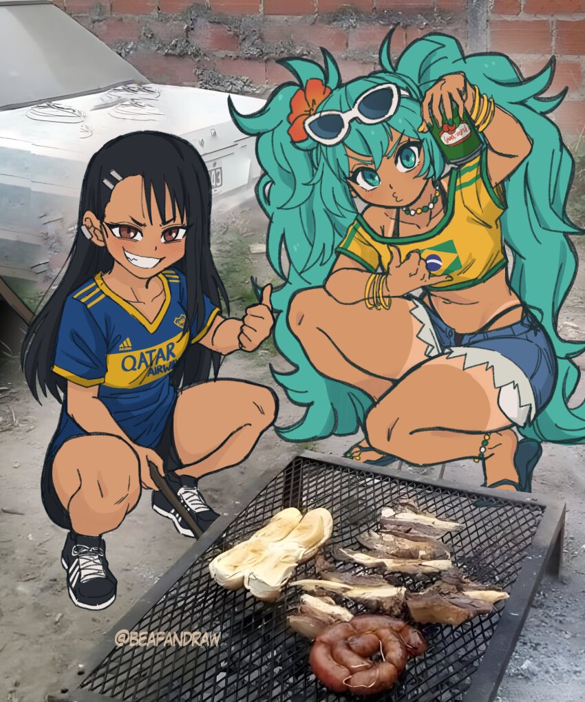 2girls absurdres anklet aqua_eyes aqua_hair argentina bead_choker beads beafandraw black_hair boca_juniors boca_juniors_21-22_home_kit borrowed_design bracelet brazil brazilian_flag brazilian_flag_print brazilian_miku brown_eyes can club_atletico_boca_juniors cooking dark-skinned_female dark_skin earclip enano_bostero_asador_(meme) eyewear_on_head flag_print flip-flops flower full_body grill grilling grin guarana_antarctica hair_flower hair_ornament hatsune_miku highres holding holding_can ijiranaide_nagatoro-san jewelry latin_american_hatsune_miku_(meme) long_hair looking_at_viewer meme multiple_bracelets multiple_girls nagatoro_hayase navel photo_inset print_shirt sandals shirt short_shorts short_sleeves shorts shorts_tan smile soccer_uniform sportswear squatting sunglasses tan tanline thumbs_up twintails very_long_hair vocaloid white-framed_eyewear yellow_shirt