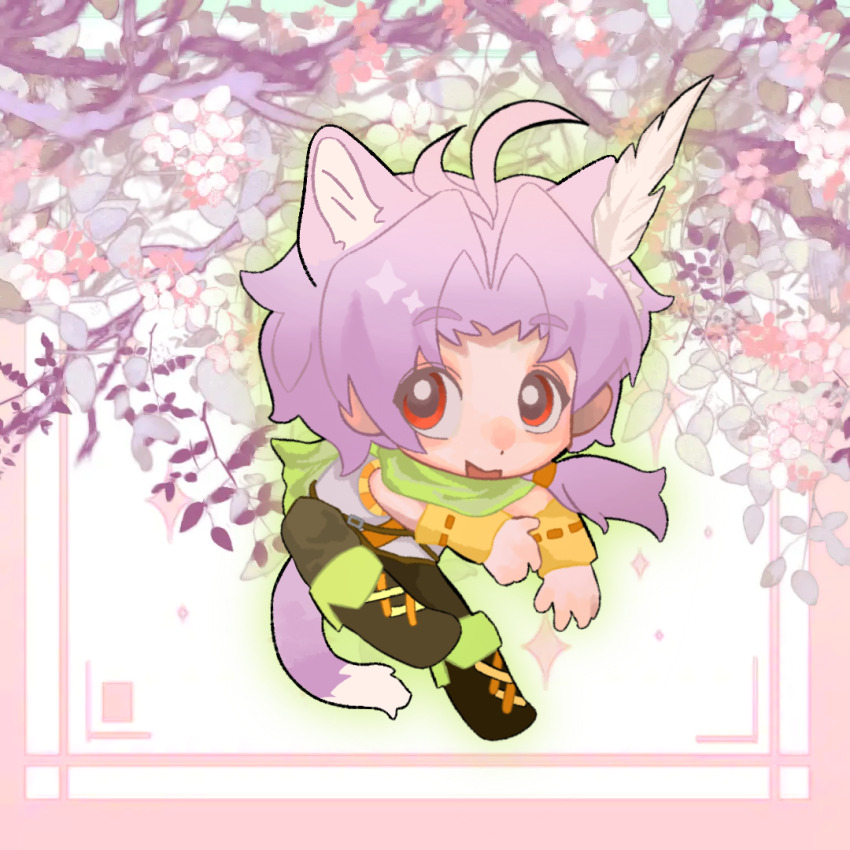 1boy antenna_hair belt boots brown_belt brown_boots brown_pants chibi chibi_only chinese_commentary commentary_request detached_sleeves dita_iliner feather_hair_ornament feathers green_scarf hair_ornament male_focus open_mouth pants parted_bangs pink_hair red_eyes saibou_shinkyoku scarf shirt sleeveless sleeveless_shirt smile solo white_shirt xingxing_renlei_xiaochu_ti yellow_sleeves