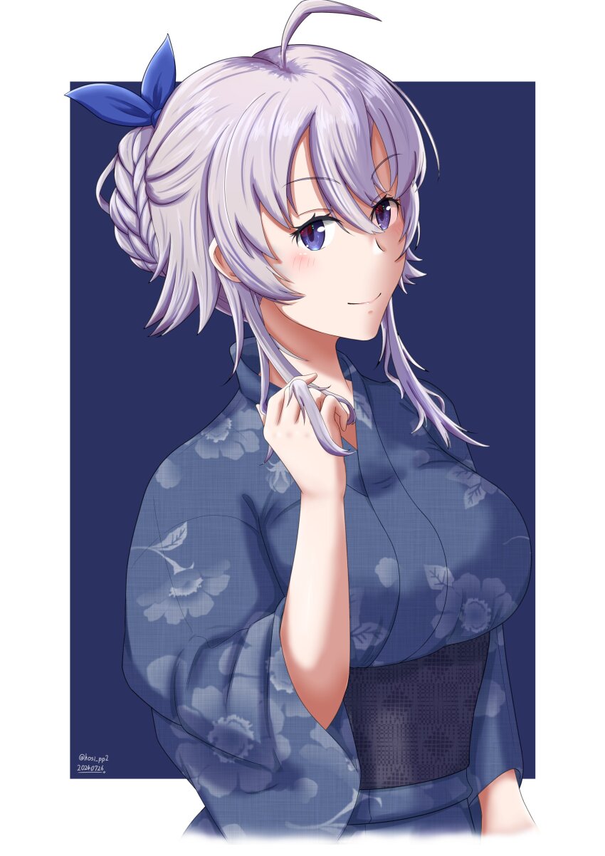 1girl absurdres alternate_costume blue_background blue_kimono blush braid braided_bun breasts floral_print floral_print_kimono grey_eyes grey_hair hair_bun highres japanese_clothes kantai_collection kimono large_breasts long_hair looking_at_viewer obi pp print_kimono sash single_hair_bun smile solo upper_body washington_(kancolle) white_background