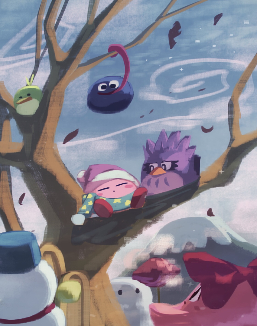 bare_tree beak beanie bird black_eyes blue_hat blue_scarf blue_sky bow chilly_(kirby) chuchu_(kirby) closed_eyes closed_mouth commentary_request coo_(kirby) cross-eyed fog food food_request fur-trimmed_headwear fur_trim gooey_(kirby) green_bird hat highres holding holding_food in_tree kirby kirby_(series) light_frown long_tongue looking_at_another mountain nintendo no_humans octopus outdoors owl pitch_(kirby) pom_pom_(clothes) pom_pom_beanie purple_hat red_bow red_footwear scarf shoes sitting sitting_in_tree sky sleeping snowman solid_circle_eyes sparkle star_(symbol) star_print sunset suyasuyabi tongue tree winter winter_clothes worried