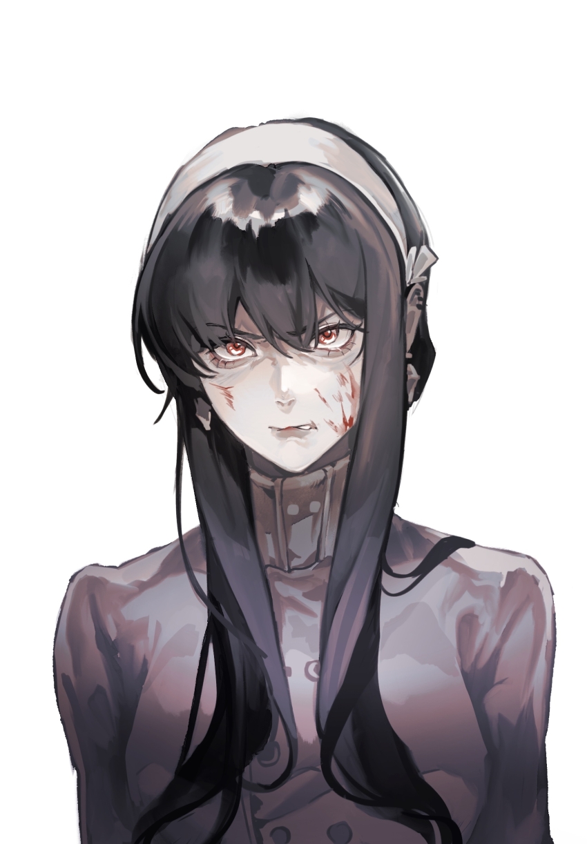1girl aegyo_sal biting_own_lip black_hair blood blood_on_face buttons chinese_commentary coat commentary_request double-breasted earrings elicooc eyelashes grey_coat hair_between_eyes hairband highres jewelry long_hair long_sidelocks looking_at_viewer red_eyes sidelocks simple_background solo spy_x_family upper_body white_background white_hairband yor_briar