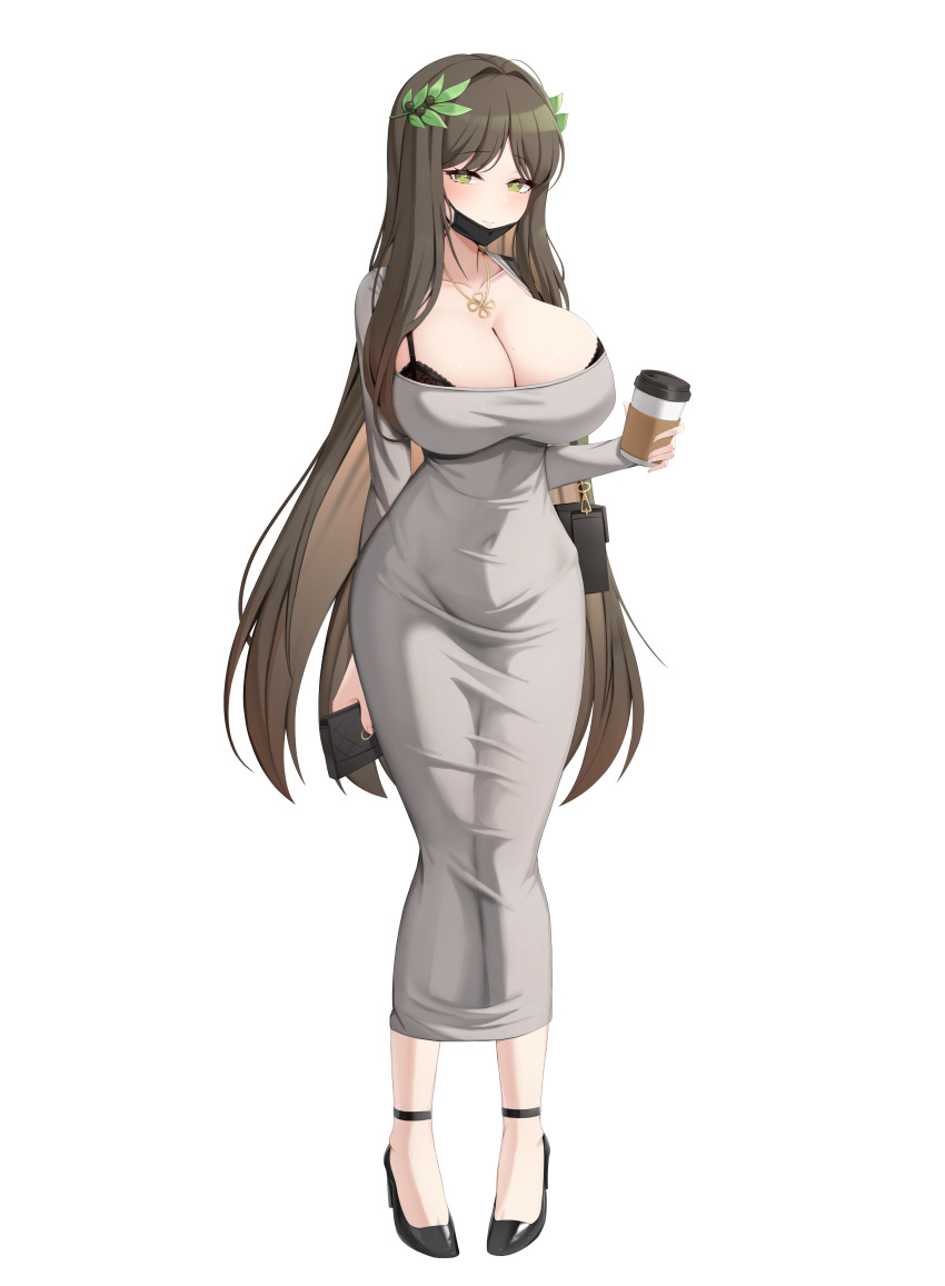 1girl absurdres bag black_bra black_shoes black_survival bra breasts brown_hair cleavage closed_mouth commentary_request covered_navel cup disposable_cup dongtan_dress dress eternal_return:_black_survival full_body green_eyes grey_dress gweon_sua hair_branch handbag high_heels highres holding holding_cup impossible_clothes impossible_dress kisa_(leg3043) korean_commentary large_breasts long_dress long_hair looking_at_viewer mask mask_pull meme_attire mouth_mask revision shoes shoulder_bag simple_background smile solo standing symbol-shaped_pupils taut_clothes taut_dress underwear very_long_hair white_background