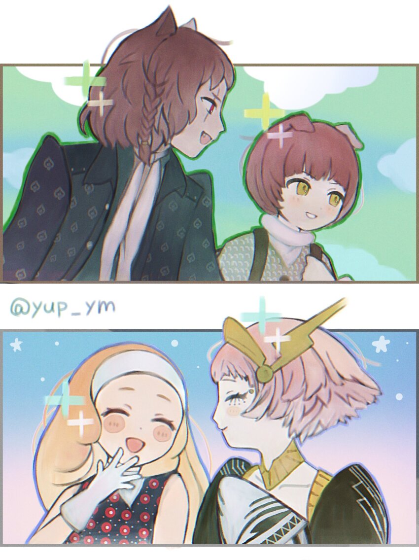 2boys 2girls animal_ears arm_up basilio_(metaphor:_refantazio) black_jacket blonde_hair blush braid brothers brown_hair closed_mouth collarbone commentary_request dark-skinned_male dark_skin dress eyelashes fang fidelio_(metaphor:_refantazio) gloves hairband highres jacket junah_(metaphor:_refantazio) lapels long_hair long_sleeves looking_ahead looking_at_another metal_hairband metaphor:_refantazio multiple_boys multiple_girls open_mouth patterned_clothing pink_hair rella_(metaphor:_refantazio) scar scar_across_eye scar_on_face shirt short_hair siblings side_braid sideways_mouth single_braid sisters sleeveless sleeveless_dress smile turtleneck white_gloves white_shirt winged_hairband yellow_eyes yup_ym