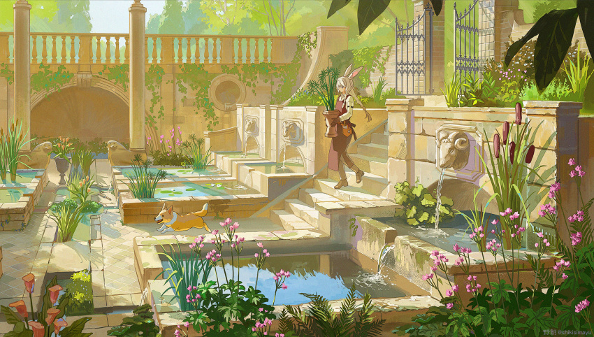 1girl animal animal_ears apron cattail day dog flower fountain gloves highres long_hair noasa original outdoors plant potted_plant rabbit_ears scenery water welsh_corgi white_hair