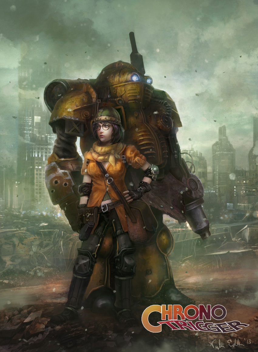 1990s_(style) 1girl absurdres arm_cannon bag belt belt_pouch between_breasts blue_eyes breasts chrono_(series) chrono_trigger elbow_pads fingerless_gloves glasses gloves hand_on_own_hip height_difference helmet highres knee_pads leg_warmers lips lucca_ashtear medium_breasts nose post-apocalypse pouch purple_hair realistic robo_(chrono_trigger) robot round_eyewear satchel scarf short_hair signature strap_between_breasts tyler_edlin weapon