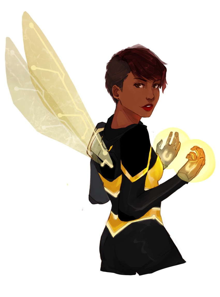 1girl bee_costume bodysuit brown_eyes brown_hair bumble_bee dark-skinned_female dark_skin dc_comics female_focus glowing highres insect_wings karen_beecher lipstick makeup neon_trim over_shoulder parted_lips short_hair simple_background solo superhero_costume white_background wings young_justice:_invasion