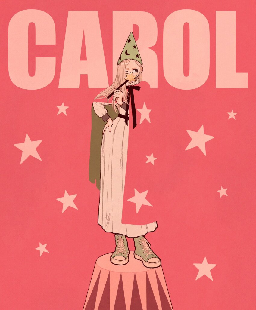 1girl belt black_ribbon blending cape dress english_text green_shoes hand_on_own_hip hat highres holding holding_wand long_hair one_eye_closed original pink_background pink_cape pink_hair ribbon shoes solo standing star_(symbol) syooooyoooo wand white_dress wizard_hat