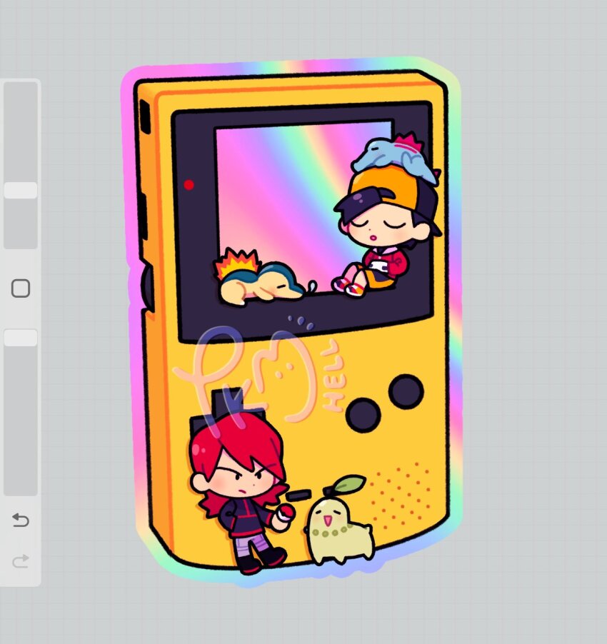 2boys :d :o art_program_in_frame backwards_hat baseball_cap chikorita closed_eyes commentary cyndaquil dot_nose ethan_(pokemon) game_boy gen_2_pokemon handheld_game_console hat highres holding holding_poke_ball male_focus medium_hair multiple_boys nintendo on_head open_mouth poke_ball poke_ball_(basic) pokemon pokemon_(creature) pokemon_gsc pokemon_on_head red_hair silver_(pokemon) sitting sleeping smile standing starter_pokemon_trio submashell totodile v-shaped_eyebrows