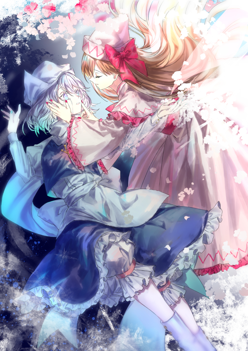 2girls ama_asagi blonde_hair blue_shirt blue_skirt bow cherry_blossoms closed_eyes dress fairy_wings female_focus finger_to_mouth floating_hair frilled_dress frills hands_on_own_face hands_up highres letty_whiterock lily_white long_hair long_skirt long_sleeves multiple_girls petals pink_dress pink_headwear red_bow red_ribbon ribbon sash shirt shushing skirt touhou wavy_hair white_hair white_headwear white_legwear white_ribbon white_sash wide_sleeves wings