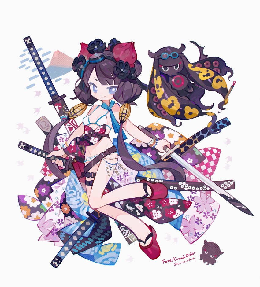 1girl :q absurdres bikini blue_eyes bracelet bright_pupils commentary copyright_name creature deformed fate/grand_order fate_(series) floral_print hair_ornament hashtag-only_commentary highres holding holding_sword holding_weapon japanese_clothes jewelry kanae_(cookie) katana katsushika_hokusai_(fate) katsushika_hokusai_(swimsuit_saber)_(fate) long_hair looking_at_viewer plum_blossom_print purple_hair simple_background solo swimsuit sword tokitarou_(fate) tongue tongue_out twitter_username very_long_hair weapon white_background white_bikini