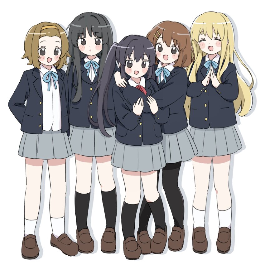 5girls akiyama_mio black_eyes black_hair black_jacket black_socks blazer blonde_hair blue_bow blue_bowtie blush bow bowtie brown_hair brown_shoes cha_(ntrikti) closed_eyes grey_skirt happy highres hirasawa_yui jacket k-on! kneehighs kotobuki_tsumugi long_hair multiple_girls nakano_azusa pleated_skirt sakuragaoka_high_school_uniform school_uniform shoes short_hair skirt socks tainaka_ritsu white_background white_socks