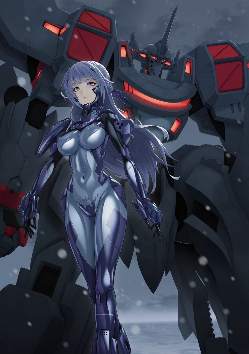 1girl absurdres armored_bodysuit arms_at_sides black_bodysuit blue_bodysuit blue_eyes blue_hair bodysuit breasts commentary_request covered_navel fortified_suit headgear highres impossible_bodysuit impossible_clothes kurione_(zassou) large_breasts long_hair looking_at_viewer mecha mecha_pilot_suit multicolored_bodysuit muv-luv muv-luv_alternative muv-luv_total_eclipse original purple_bodysuit robot shiny_clothes skin_tight snowing solo su-47_berkut_(muv-luv) tactical_surface_fighter wind wind_lift
