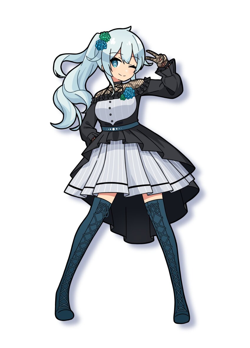 absurdres belt black_dress black_thighhighs blue_belt blue_eyes blue_flower blue_hair blue_rose blue_scrunchie blush boots breasts detached_sleeves dress flower gloves grey_dress hair_between_eyes highres jacket lace lace_gloves large_breasts layered_dress nagi_(illust_nagi) nijisanji one_eye_closed open_clothes open_jacket pleated_dress pleated_skirt puffy_sleeves rose scrunchie side_ponytail skirt smile strap striped_clothes striped_dress thigh_boots thighhighs v vertical-striped_clothes vertical-striped_dress virtual_youtuber white_background white_hair yukishiro_mahiro yukishiro_mahiro_(3rd_costume) zettai_ryouiki