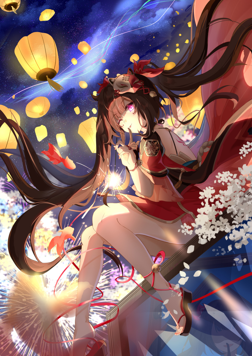 1girl absurdres back_tattoo bare_shoulders bell black_shoes brown_hair commentary_request criss-cross_back-straps detached_sleeves dress fish fox_mask gloves glowing glowing_eyes goldfish highres holding holding_fireworks honkai:_star_rail honkai_(series) jingle_bell lantern long_hair looking_at_viewer lubeludlk mark_under_both_eyes mask mask_on_head night night_sky o-ring one_eye_closed pink_eyes red_dress red_sleeves sandals shoes single_glove sitting sky solo sparkle_(honkai:_star_rail) tattoo tongue tongue_out twintails zouri