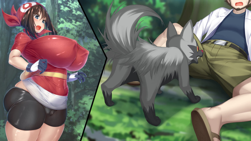ass bandana belt birch_(pokemon) black_shorts blue_eyes blush breasts brown_hair cameltoe covered_erect_nipples creatures_(company) curvy fanny_pack forest game_freak gen_3_pokemon gloves green_shorts head_out_of_frame highres huge_breasts kawahagitei lab_coat may_(pokemon) nature nintendo open_mouth outdoors pokemon pokemon_(creature) pokemon_rse poochyena red_bandana short_sleeves shorts skindentation slippers surprised thick_thighs thighs