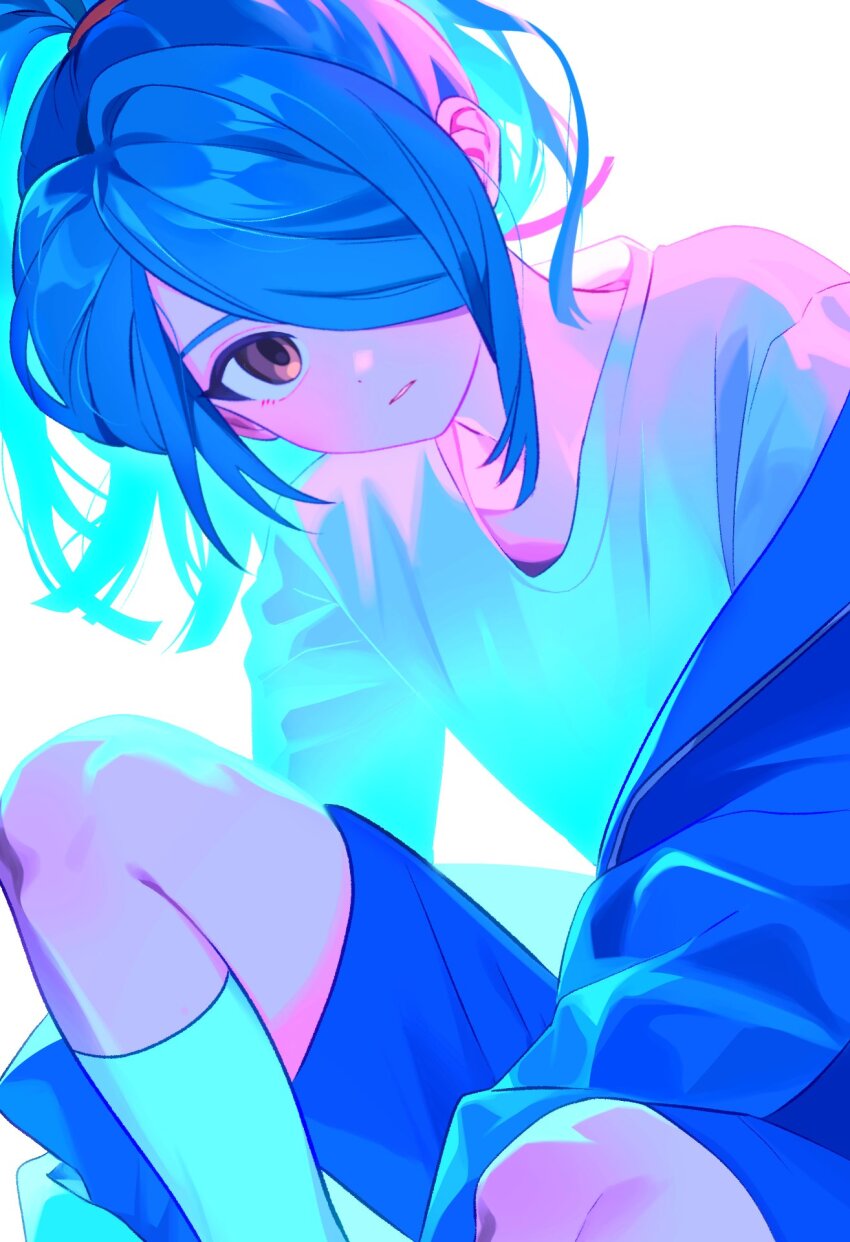 1boy analogous_colors androgynous black_shorts blue_hair brown_eyes dot_nose ebi_(shrimp_eleven) hair_over_one_eye highres inazuma_eleven inazuma_eleven_(series) jacket jacket_partially_removed kazemaru_ichirouta leaning_forward light_blush male_focus parted_lips resized shirt shorts simple_background socks solo t-shirt underlighting upscaled white_background white_shirt white_socks