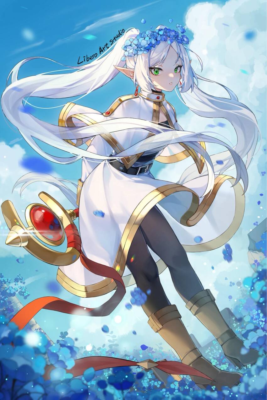 blue_sky cloud frieren high_heels highres holding holding_staff leggings libero_art long_hair pointy_ears robe sky sousou_no_frieren staff twintails white_hair wind