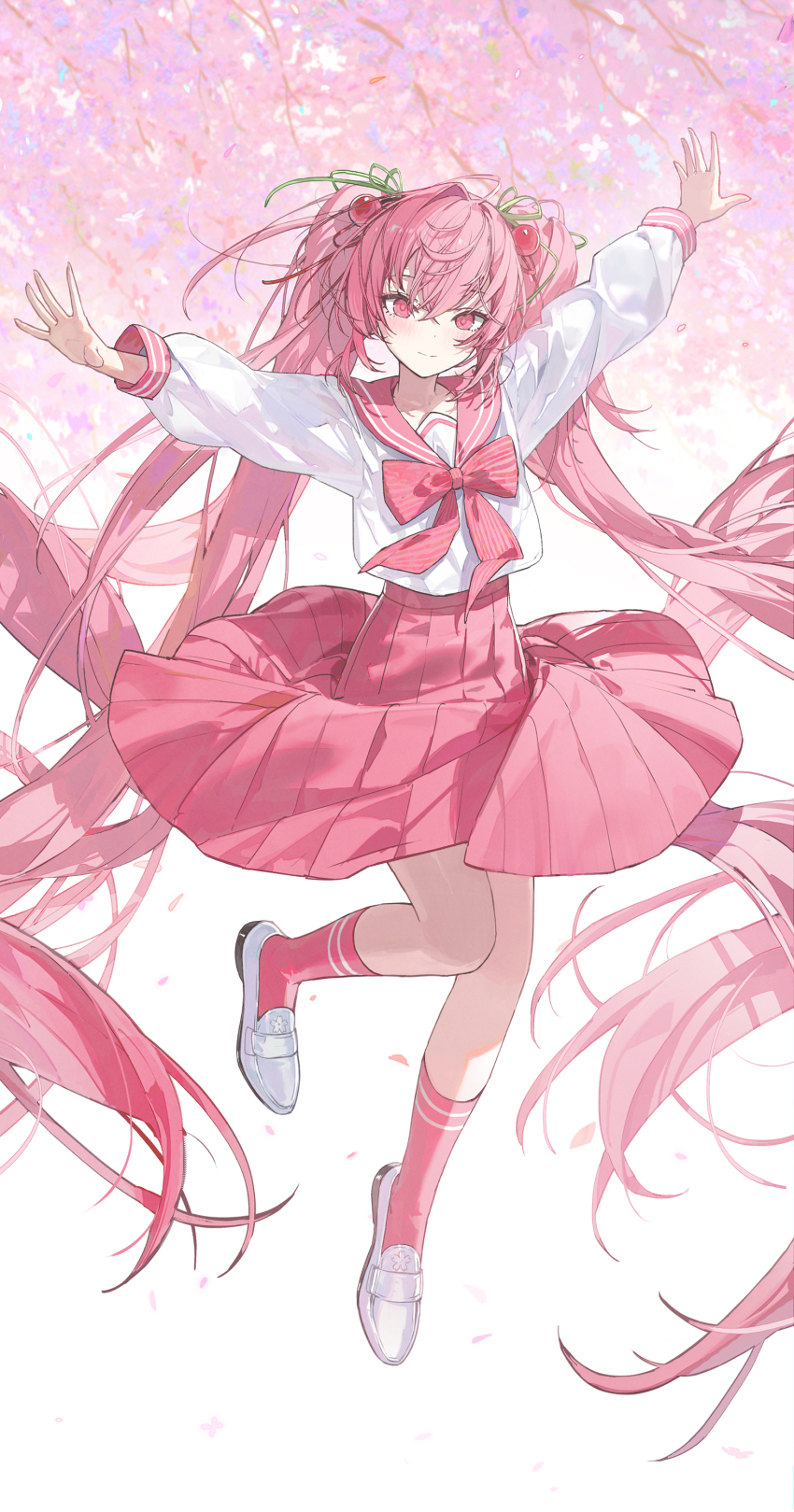 1girl absurdres ahoge blush bow bowtie cherry_blossoms cherry_hair_ornament closed_mouth collarbone commentary floral_print food-themed_hair_ornament full_body green_ribbon hair_between_eyes hair_intakes hair_ornament hair_ribbon hatsune_miku highres kieed loafers long_hair long_sleeves looking_at_viewer outstretched_arms pink_bow pink_bowtie pink_eyes pink_hair pink_sailor_collar pink_skirt pink_socks print_footwear ribbon sailor_collar sakura_miku school_uniform serafuku shirt shoes skirt sleeves_past_wrists smile socks solo spread_arms striped_bow striped_bowtie striped_clothes twintails very_long_hair vocaloid white_background white_shirt white_shoes