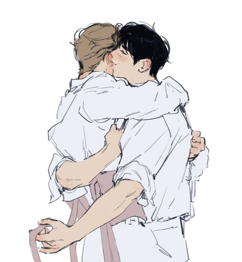 2boys black_hair brown_hair closed_eyes closed_mouth commentary_request haotmeal highres hug k-pop kissing_ear korean_commentary long_sleeves male_focus multiple_boys real_life shirt short_hair sleeves_rolled_up sung_han-bin white_shirt yaoi zerobaseone zhang_hao