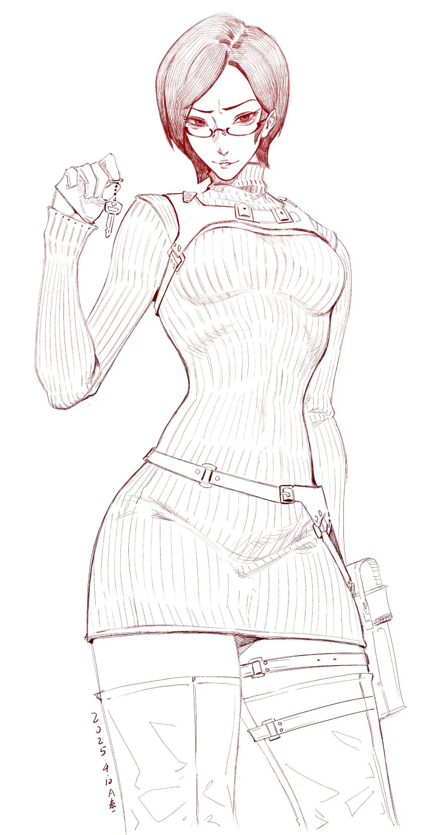 1girl a_tai absurdres ada_wong belt_buckle buckle glasses gloves highres holding holding_key key looking_at_viewer resident_evil resident_evil_4 resident_evil_4_(remake) short_hair sketch sweater wrist_wrap