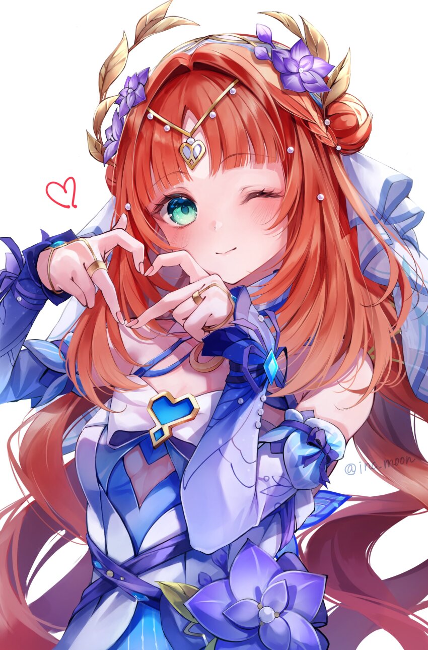 1girl four-finger_heart_hands ;) absurdres aqua_eyes armpit_crease blue_sleeves blush breasts circlet closed_mouth commentary_request detached_sleeves double_bun fingernails flower genshin_impact gradient_sleeves hair_bun hair_flower hair_ornament hands_up heart heart_hands highres long_hair looking_at_viewer medium_breasts nilou_(breeze_of_sabaa)_(genshin_impact) nilou_(genshin_impact) official_alternate_costume one_eye_closed purple_flower red_hair ryuna_(inc_moon) sleeveless smile solo twitter_username very_long_hair