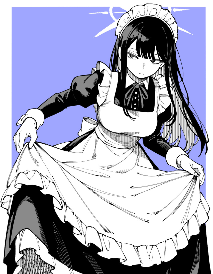 1girl absurdres alternate_costume apron blue_archive blue_background breasts closed_mouth commentary_request dress enmaided frilled_apron frills greyscale_with_colored_background halo highres kani_ka_nanika long_hair long_sleeves looking_at_viewer maid maid_headdress medium_breasts neck_ribbon outside_border puffy_long_sleeves puffy_sleeves ribbon saori_(blue_archive) simple_background skirt_hold solo standing wrist_cuffs
