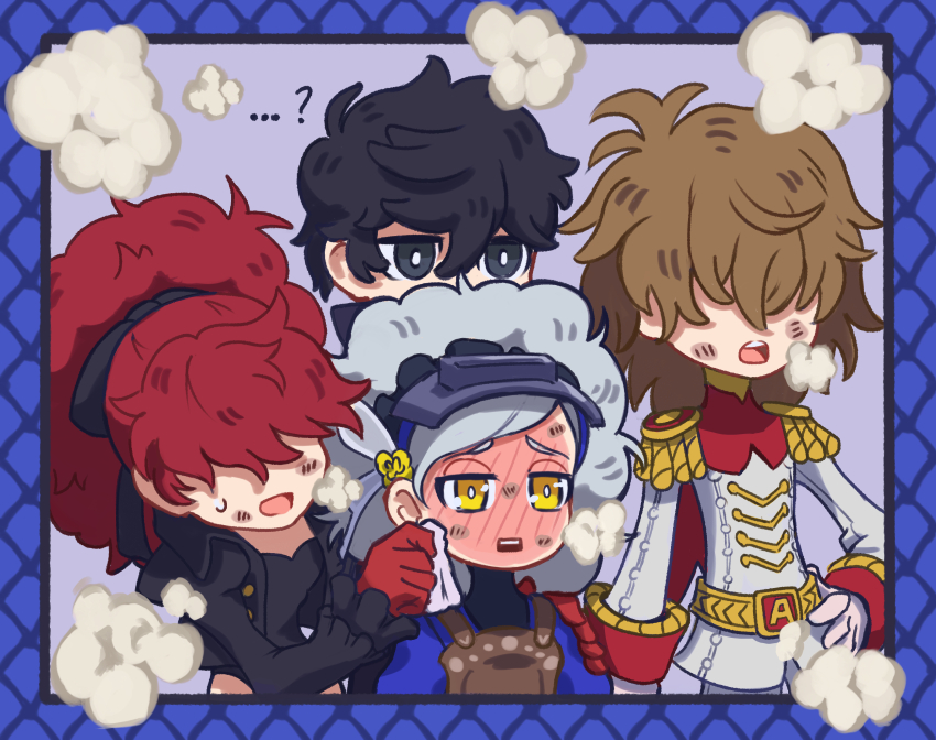 2boys 2girls absurdres afro akechi_gorou amamiya_ren andrich_galam blush bright_pupils chibi covered_eyes curly_hair embarrassed epaulettes explosion_gag hair_over_eyes highres lavenza_(persona_5) long_bangs long_hair long_sleeves multiple_boys multiple_girls open_mouth persona persona_5 persona_5_tactica persona_5_the_royal ponytail red_hair shaded_face uniform white_pupils yoshizawa_kasumi