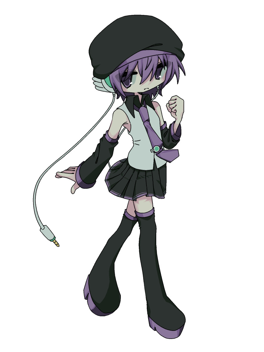 1girl audio_jack beret black_boots black_hat black_shirt black_sleeves boots cable clenched_hand closed_mouth detached_sleeves full_body hand_up hat highres long_sleeves looking_at_viewer miniskirt necktie pleated_skirt purple_eyes purple_hair purple_necktie shirt short_hair simple_background skirt sleeveless sleeveless_shirt sn_(sn_utu00) solo standing thigh_boots tie_clip utane_uta utau white_background white_shirt