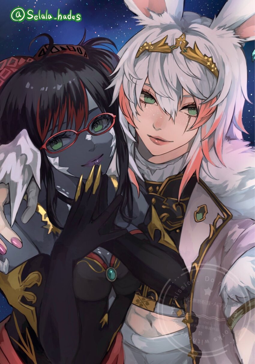 1boy 1girl androgynous animal_ears au_ra black_gloves black_hair cassia_jazz_(cassiaffxiv) colored_skin colored_tips commentary couple elbow_gloves english_commentary final_fantasy final_fantasy_xiv fur-trimmed_jacket fur_trim glasses gloves gold_tiara gold_trim green_eyes grey_skin hand_on_another&#039;s_shoulder heads_together hetero highres jacket long_hair multi-source_commentary multicolored_hair navel night night_sky original outdoors own_hands_together pink_nails purple_lips rabbit_boy rabbit_ears red-framed_eyewear red_hair red_streaks scar scar_across_eye scar_on_face selala_hades sidelocks sky star_(sky) starry_sky streaked_hair symbol-only_commentary twitter_username umbra_vatore_(espurd) upper_body viera warrior_of_light_(ff14) watermark white_hair white_jacket white_scales