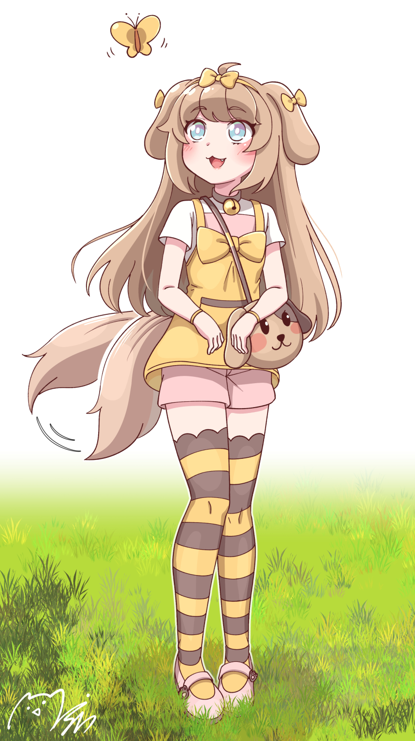 1girl :3 absurdres afterimage ahoge animal_ears bell blue_eyes blush bow brown_hair bug butter_(trickcal) butterfly collar dog_ears dog_girl dog_tail fang full_body hair_bow highres insect jingle_bell long_hair majinmallow mary_janes neck_bell open_mouth outdoors pink_shoes pink_shorts ribbon shirt shoes short_sleeves shorts smile solo striped_clothes striped_thighhighs tail tail_wagging thighhighs thighs trickcal white_shirt yellow_shirt