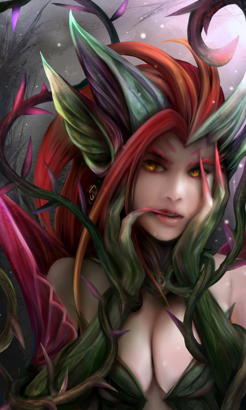 1girl bare_shoulders breasts cleavage female_focus highres leaf league_of_legends solo thorns yellow_eyes zhang_xiao_bo zyra
