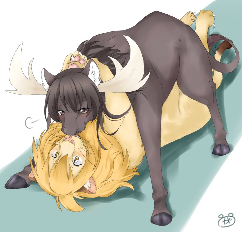 10s 2girls artist_request black_hair blonde_hair bull cat furry highres kemono_friends lion_(kemono_friends) long_hair moose_(kemono_friends) multiple_girls