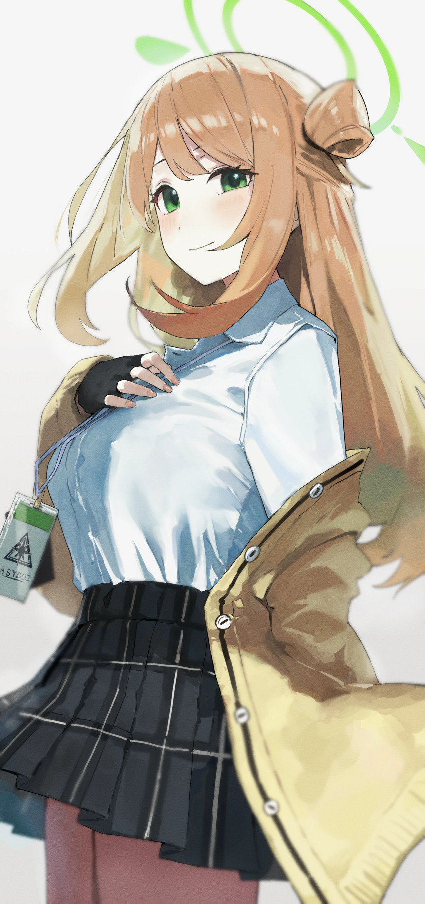 024th 1girl absurdres black_gloves black_skirt blonde_hair blue_archive blush closed_mouth collared_shirt cowboy_shot fingerless_gloves gloves green_eyes halo highres jacket long_hair miniskirt nonomi_(blue_archive) open_clothes open_jacket plaid_clothes plaid_skirt shirt skirt solo standing white_shirt yellow_jacket