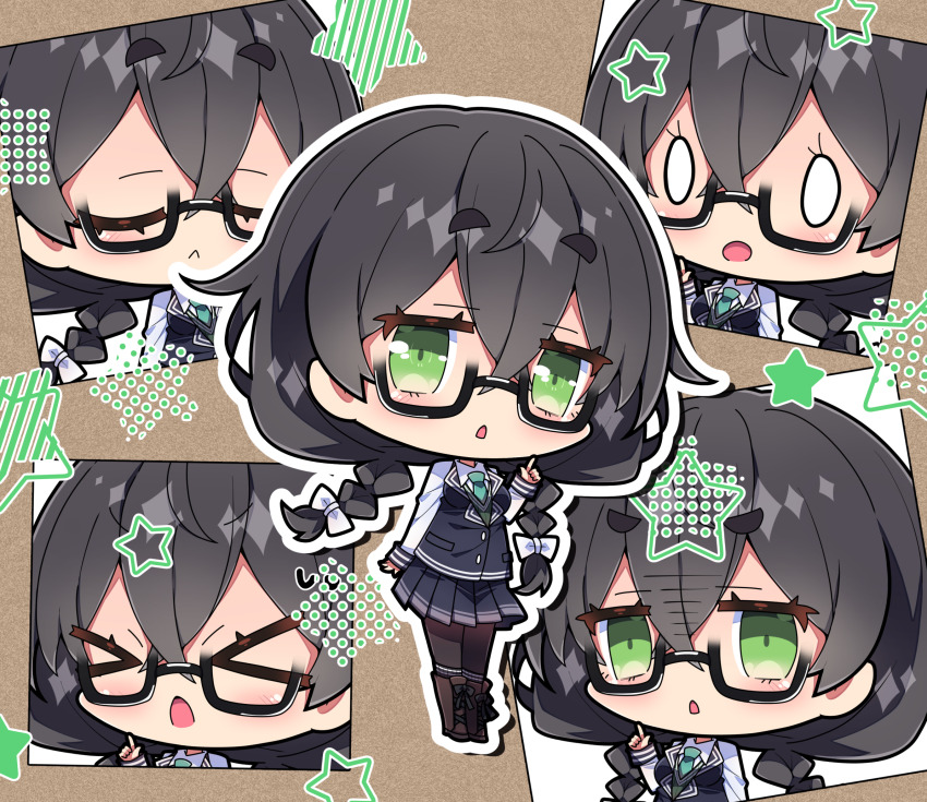 &gt;_&lt; 0_0 1girl :&lt; :o black_hair black_pantyhose blue_jacket blue_skirt blush boots bow braid brown_background brown_boots chibi chibi_only closed_eyes closed_mouth collared_shirt commentary full_body glasses green_eyes green_necktie hair_bow hanakuma_chifuyu hand_up highres index_finger_raised jacket lace-up_boots long_hair looking_at_viewer milkpanda multiple_views necktie open_mouth outline pantyhose pleated_skirt semi-rimless_eyewear shirt skirt standing star_(symbol) synthesizer_v thick_eyebrows twin_braids under-rim_eyewear white_bow white_outline white_shirt