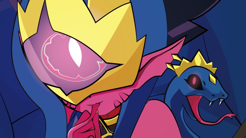 absurdres black_sclera colored_sclera crown digimon digimon_(creature) earrings highres jewelry looking_at_viewer mask medusamon nail_polish pointy_ears red_eyes sharp_teeth snake snake_hair tai_(cheungsk1213) teeth tongue tongue_out