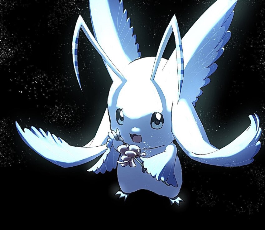 black_background digimon digimon_(creature) full_body head_wings highres hokanko0 holding morphomon no_humans open_mouth simple_background solo wings