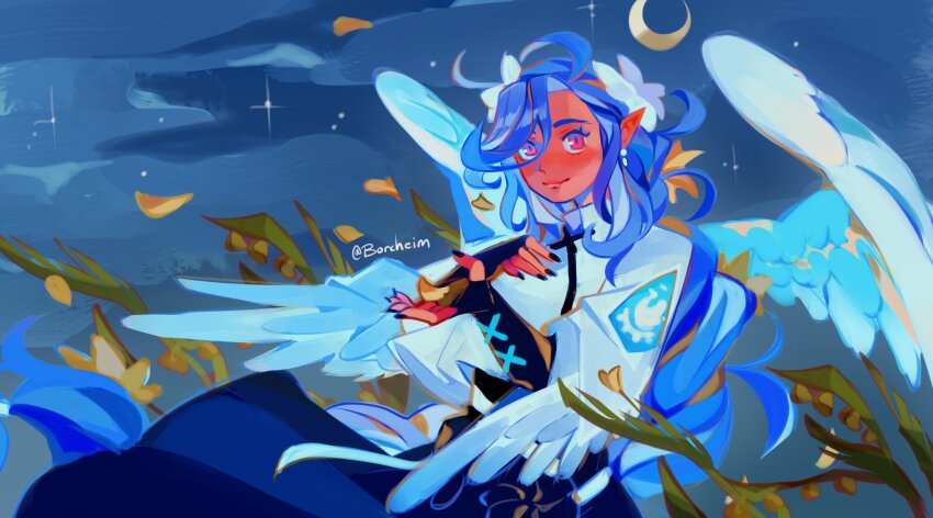 1girl angel_wings blue_hair borcheim dizzy_(guilty_gear) guilty_gear guilty_gear_strive hand_on_own_chest highres long_hair looking_at_viewer pointy_ears queen_dizzy red_eyes ribbon slit_pupils smile solo wings
