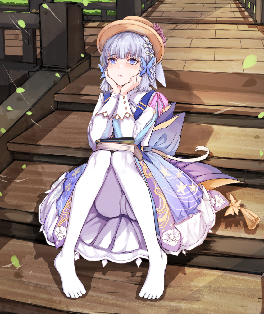 1girl absurdres ayaka_(genshin_impact) blue_dress blue_eyes book brown_headwear commentary_request dress genshin_impact grey_hair highres knees_up long_sleeves no_shoes nui_gurumi official_alternate_costume pantyhose short_hair sitting solo white_pantyhose