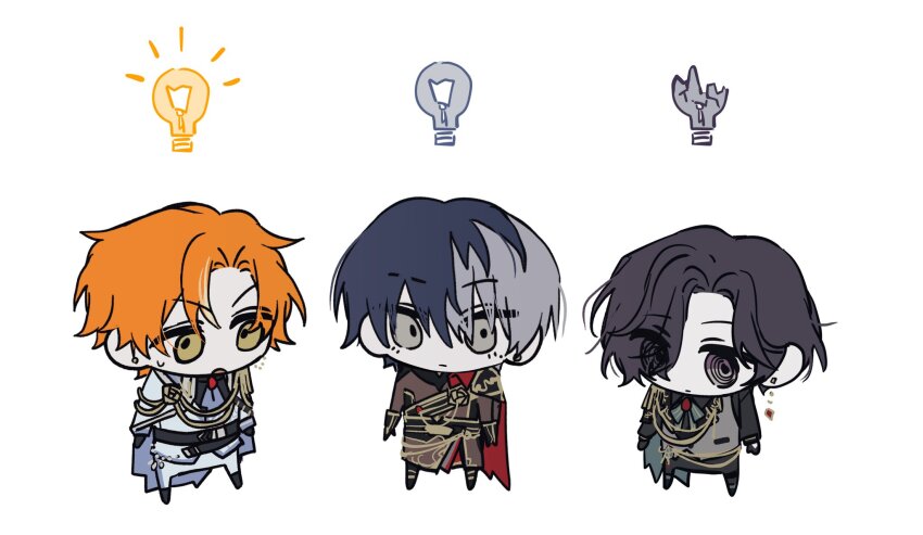 1girl 2boys @_@ akita_toushirou androgynous aoyagi_touya asahina_mafuyu blue_cape blue_hair broken_glass brown_suit cape chibi chibi_only closed_mouth earrings expressionless formal_clothes glass goguma_wagamja grey_eyes grey_hair highres jewelry light_bulb multicolored_hair multiple_boys official_alternate_costume official_alternate_hair_length official_alternate_hairstyle open_mouth orange_hair project_sekai purple_hair red_cape relax_teatime_(project_sekai) short_hair simple_background split-color_hair streaked_hair suit sweat very_short_hair white_background white_suit yellow_eyes