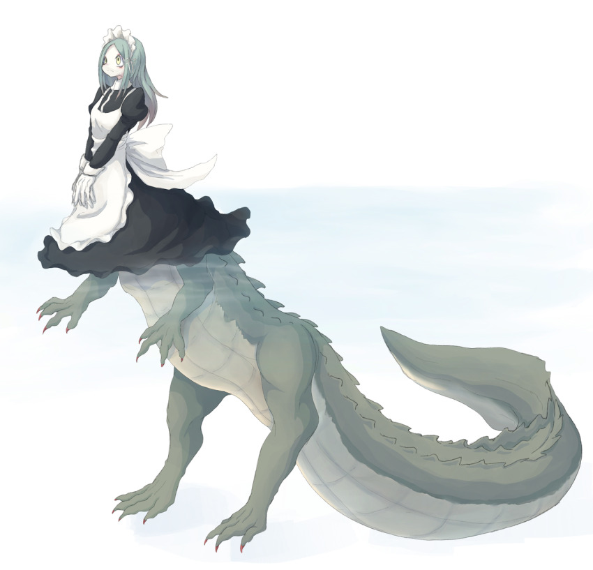 1girl 4138 apron black_dress centauroid claws closed_mouth commentary crocodile crocodile_girl crocodilian crocodilian_tail dress frilled_apron frilled_dress frills full_body gloves green_eyes green_hair green_tail highres large_tail long_hair long_sleeves maid maid_headdress original parted_bangs partially_submerged reptile_girl solo spiked_tail tail taur water white_apron white_background white_gloves