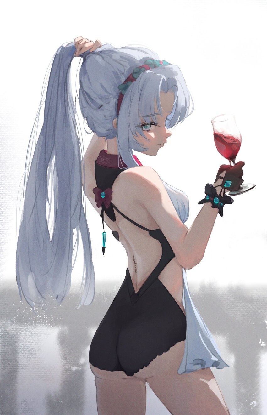 1girl absurdres alternate_hairstyle aqua_eyes ass backless_dress backless_outfit bare_shoulders black_bodysuit black_gloves bodysuit breasts carlotta_(wuthering_waves) commentary cowboy_shot cup dress drinking_glass eien_001 from_behind gloves hairband highres holding holding_cup holding_own_hair long_hair looking_at_viewer median_furrow medium_breasts no_jacket parted_lips pink_hairband ponytail short_dress single_glove solo tacet_mark_(wuthering_waves) underbutt white_dress white_hair wine_glass wuthering_waves