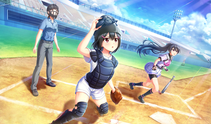 baseball baseball_bat baseball_glove baseball_stadium baseball_uniform belt belt_buckle bike_shorts_under_skirt black_belt black_footwear black_gloves black_hair black_shorts black_socks black_undershirt blue_shirt brown_eyes buckle catcher&#039;s_mask catcher_(baseball) chest_protector cinderella_series cloud crossover dust_cloud dutch_angle fingerless_gloves game_cg gloves grey_pants hachigatsu_no_cinderella_nine hair_between_eyes hair_ornament hairclip high_ponytail highres kusakari_runa light_rays long_hair looking_up metal_baseball_bat multiple_girls neckerchief non-web_source official_art open_mouth outdoors pants pink_neckerchief playing_sports pleated_skirt ponytail red_eyes satogahama_baseball_uniform shin_guards shinonome_ryo shirt shirt_under_shirt short_hair short_sleeves shorts skirt sky socks sportswear standing striped_belt striped_clothes striped_shirt sunbeam sunlight tamayomi umpire v-shaped_eyebrows vertical-striped_clothes vertical-striped_shirt white_hair white_shorts wristband yamazaki_tamaki