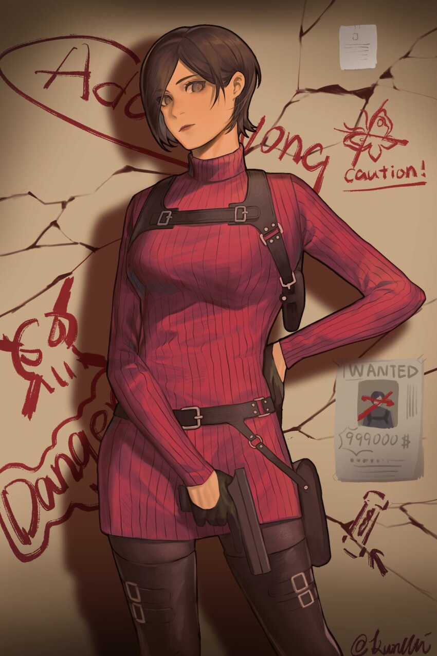 1girl ada_wong belt_buckle black_boots black_gloves black_hair black_pantyhose boots breasts buckle chest_harness closed_mouth cowboy_shot dress gloves gun hand_on_own_hip handgun harness hashtag-only_commentary highres holding holding_gun holding_weapon holster kurumi031212 looking_at_viewer medium_breasts pantyhose red_lips red_sweater resident_evil resident_evil_4 resident_evil_4_(remake) ribbed_sweater short_hair solo sweater sweater_dress thigh_boots turtleneck turtleneck_sweater wanted_poster weapon