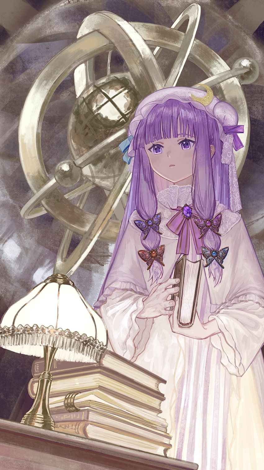 1girl absurdres armillary_sphere book commentary_request crescent crescent_hat_ornament dress hat hat_ornament highres holding holding_book lamp long_hair mob_cap parted_lips patchouli_knowledge purple_dress purple_eyes purple_hair purple_hat revision sly930105 solo touhou