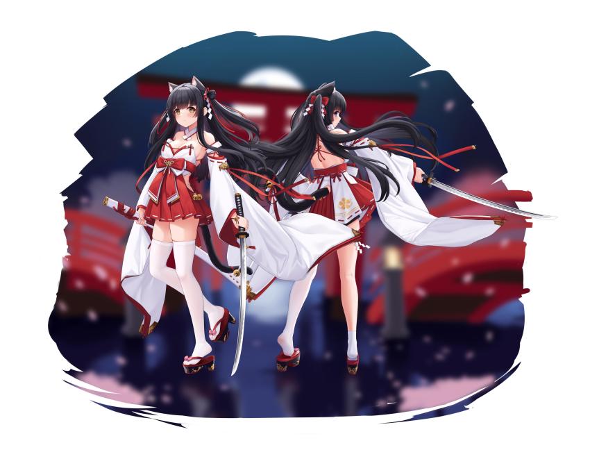 2girls absurdres allenes animal_ear_fluff animal_ears asymmetrical_legwear azur_lane bare_shoulders bell black_hair blue_eyes breasts cat_ears cat_tail commentary_request detached_sleeves double_bun extra_ears floating_hair full_body hair_bun hair_ribbon hatsuharu_(azur_lane) highres holding holding_sheath holding_sword holding_weapon japanese_clothes jingle_bell katana long_hair long_sleeves looking_back medium_breasts miko multiple_girls okobo platform_clogs platform_sandals pleated_skirt red_ribbon red_skirt ribbon sandals sheath sideways_glance single_sock single_thighhigh skirt socks standing sword tail tail_bell tail_ornament tail_ribbon thighhighs two_side_up uneven_legwear very_long_hair weapon white_legwear wide_sleeves yellow_eyes yuugure_(azur_lane)